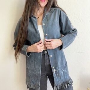 Vintage Char Blue Suede Genuine Leather Fringe Jacket